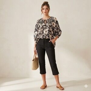 Umgee Womens Floral Smocked Keyhole Boho Blouse Black Beige  Small